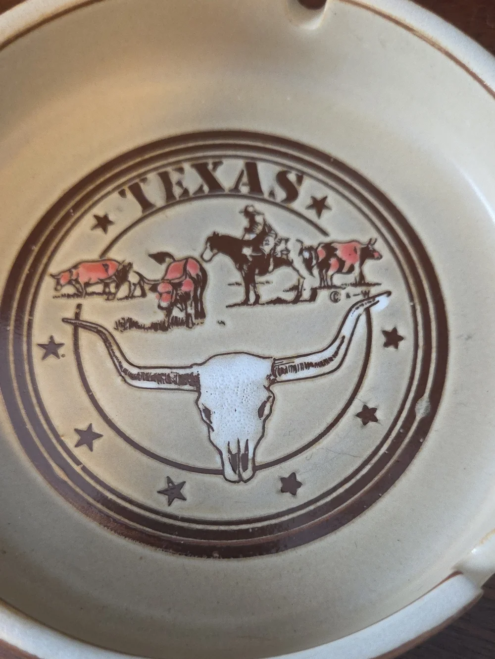 Vintage Texas Longhorn Ceramic Ashtray - Beige and Brown